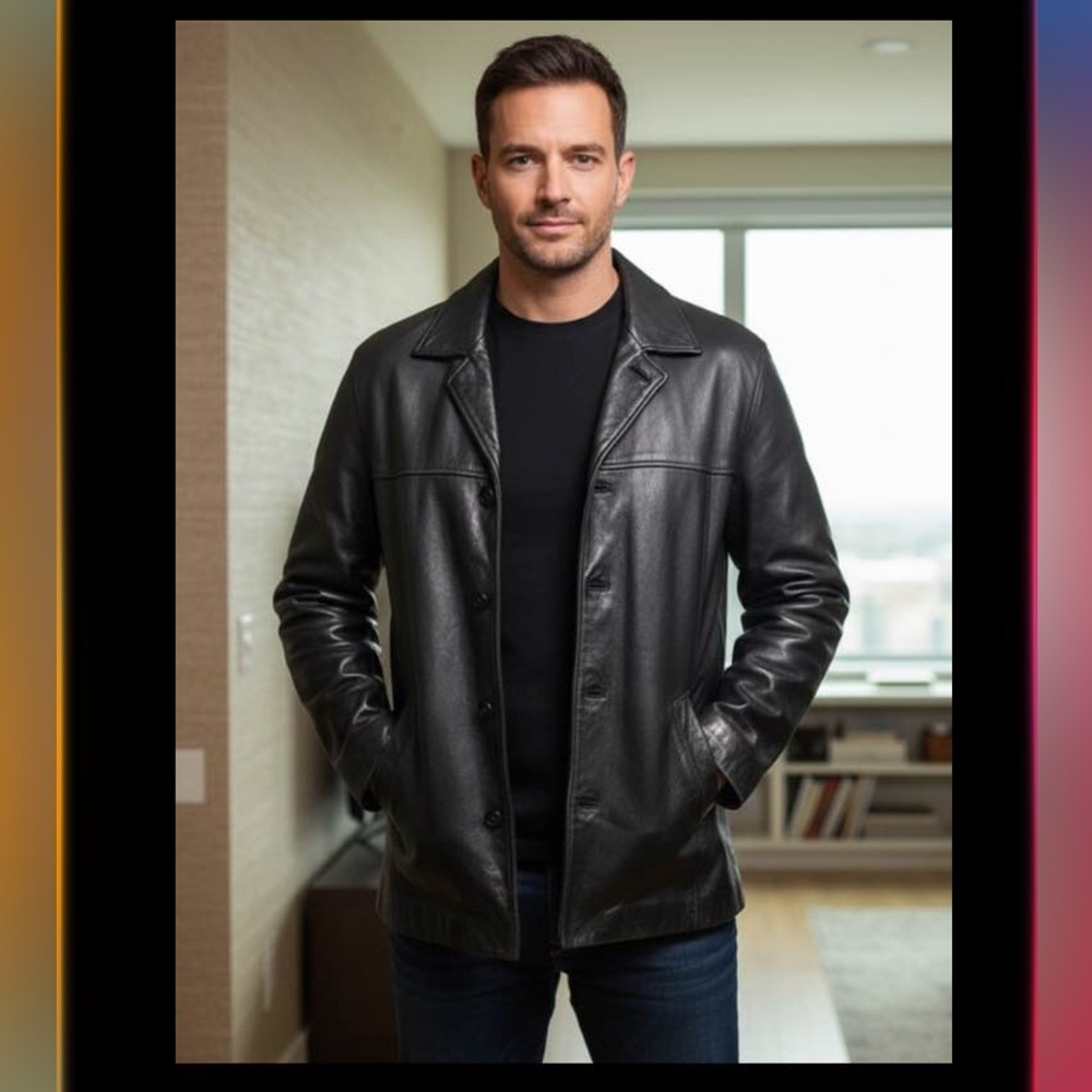 Danier Mens Fall/Winter Leather Jacket: Mens Size Small Fits oversized
